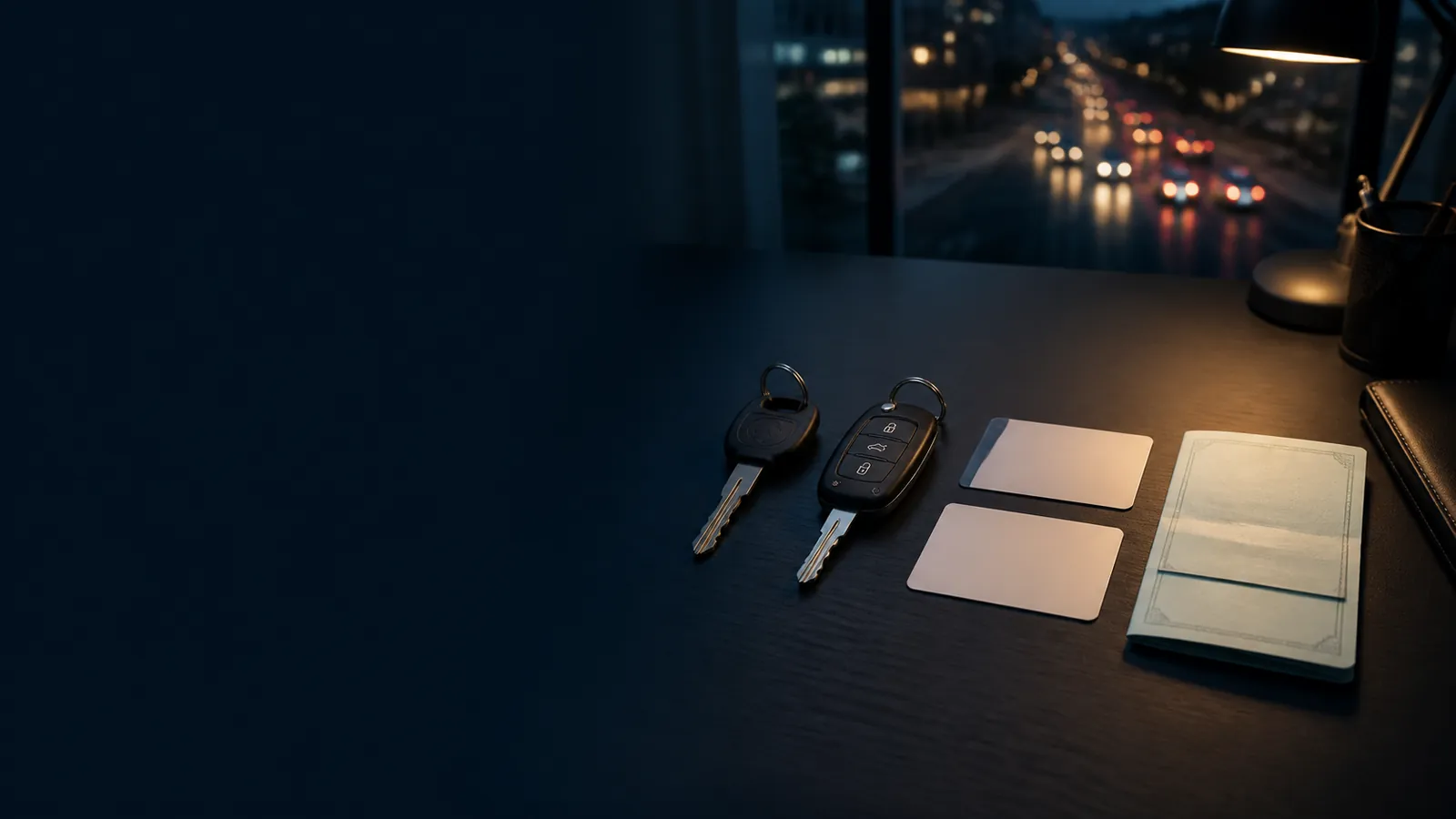 Vehicle keys and documents arranged on a desk