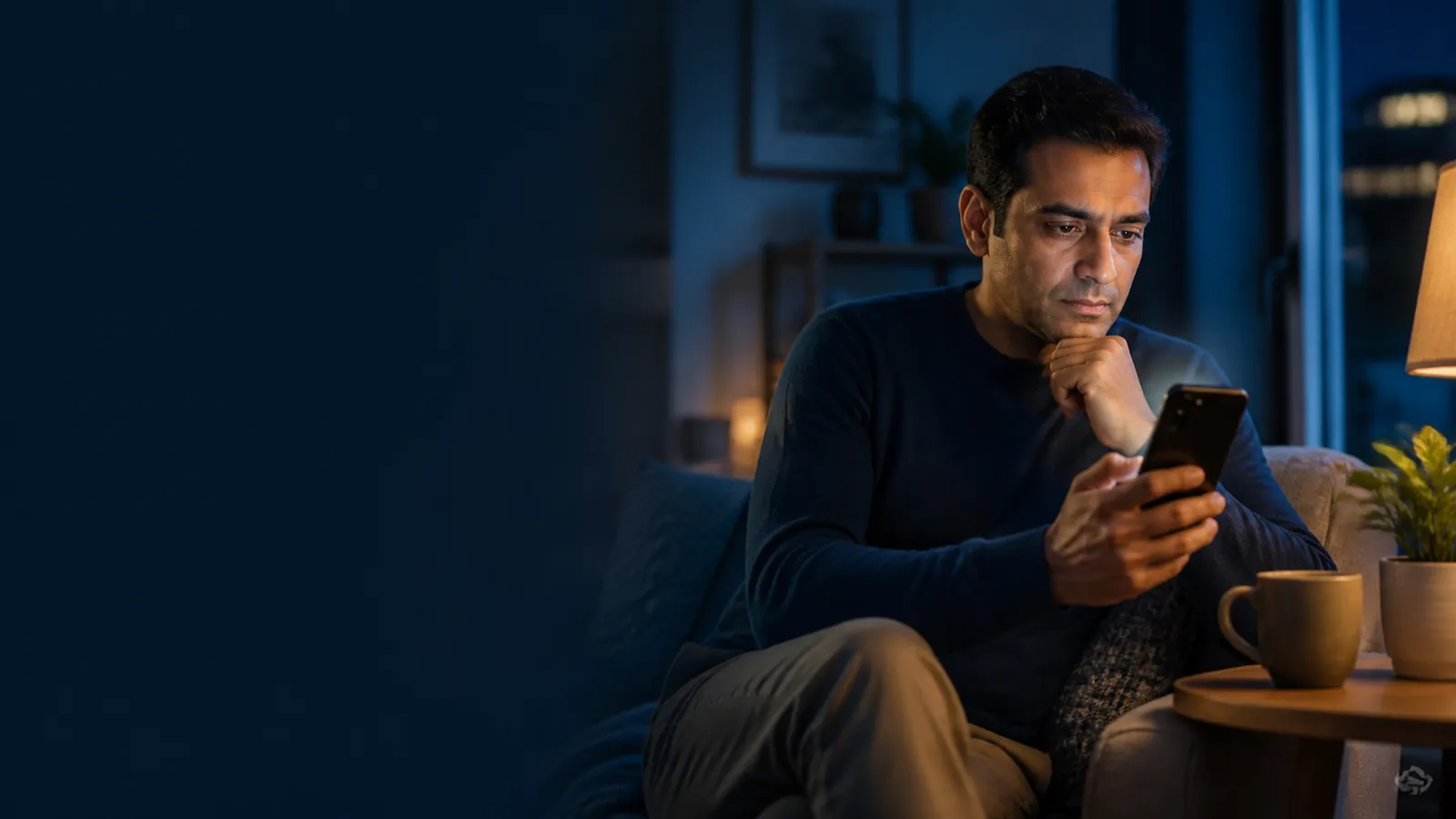 Person carefully reviewing a text message